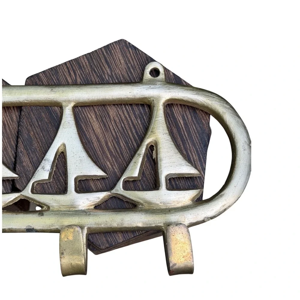 Key Hanger Wall Hooks 1970s Retro Solid Brass Sailboat Nautical Beach House Gold